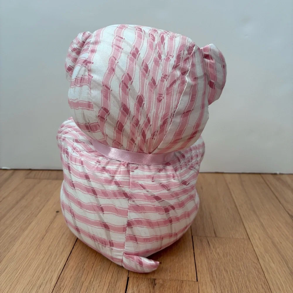 NWOT Saks Fifth Avenue Vintage Pink/White w/It. tan Striped Bear, stuffed muslin